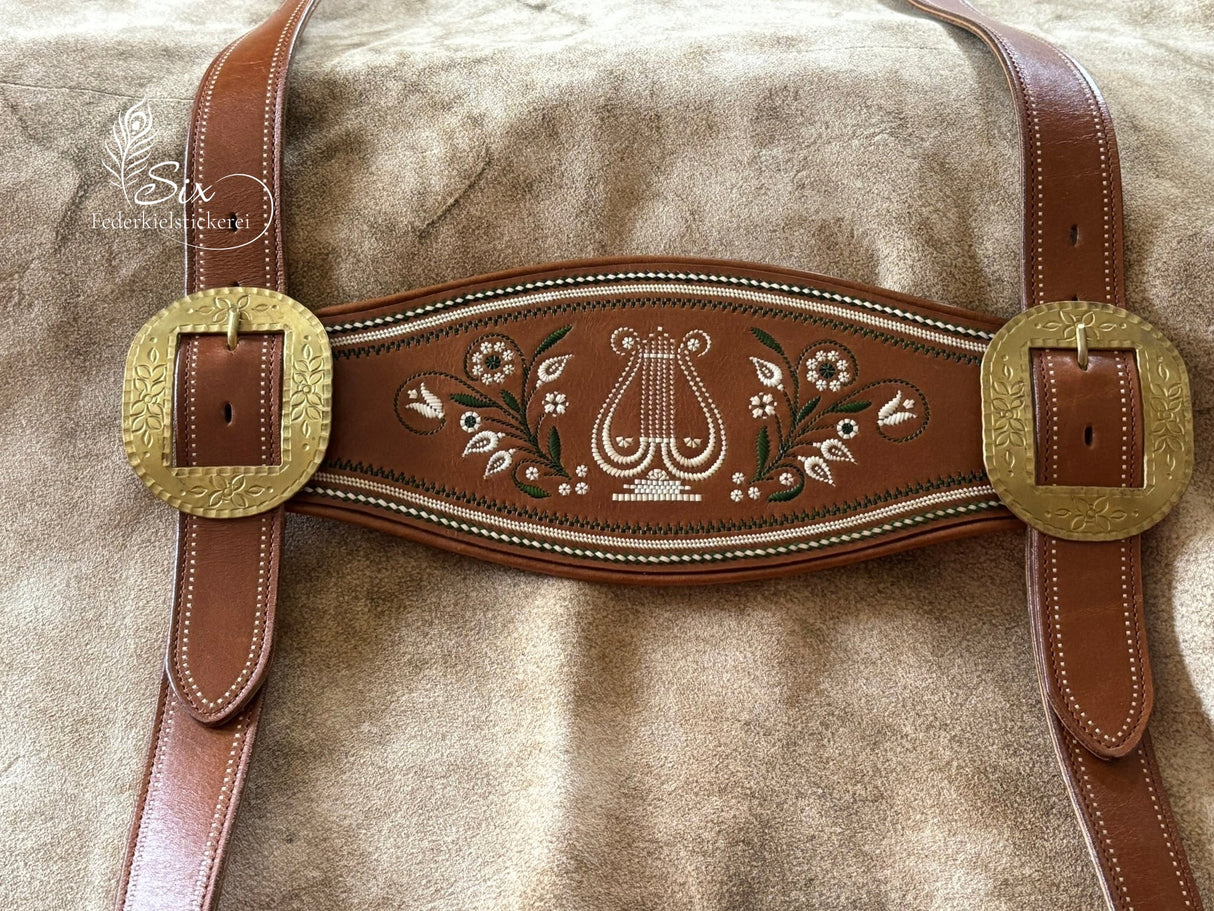 Handgefertigte Hosenträger mit Lyra & farbigem Blumenmotiv