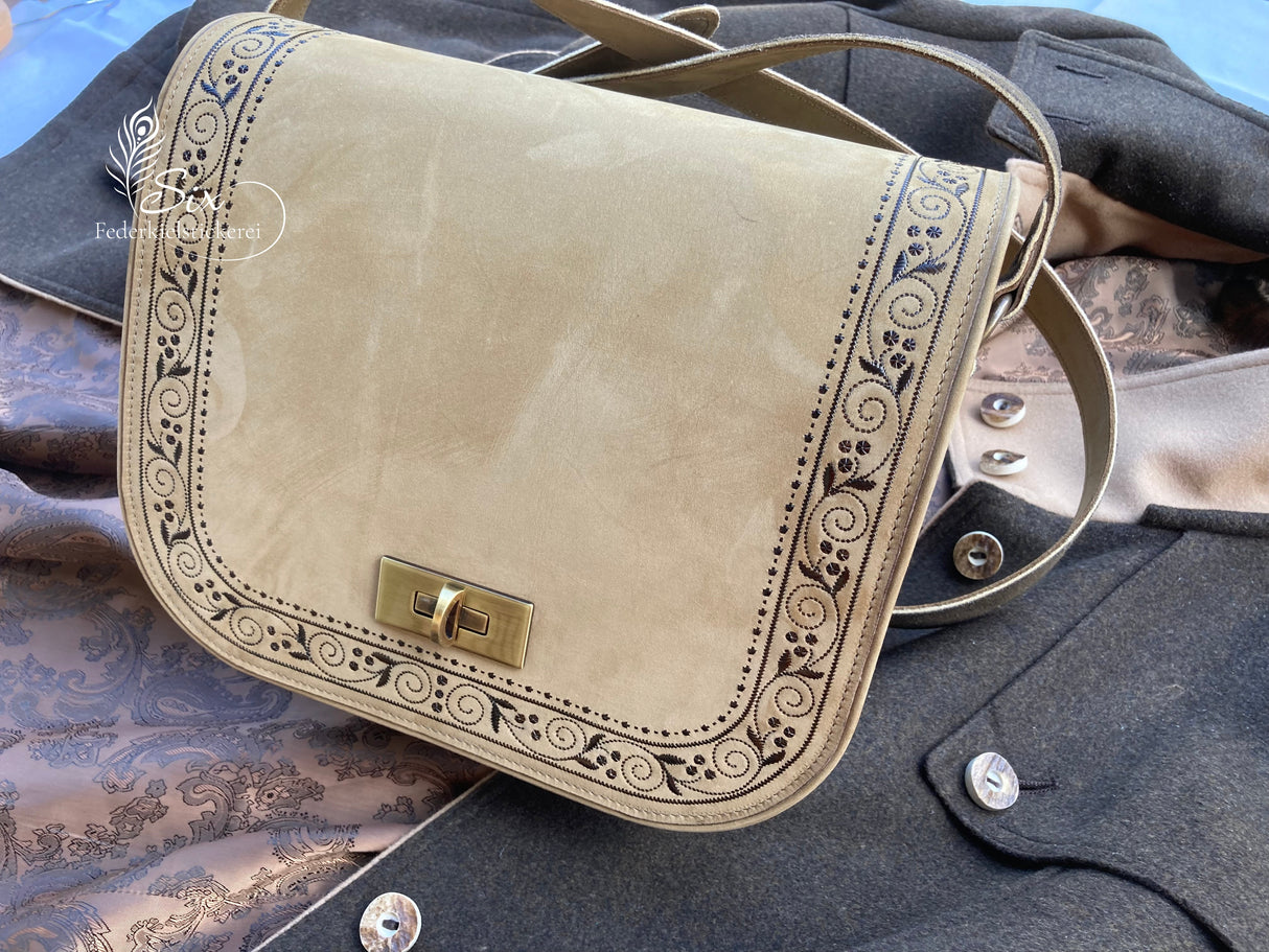 Dirndl Handtasche - kombiniert mit Hirschleder - Blumenmuster in Federkiel
