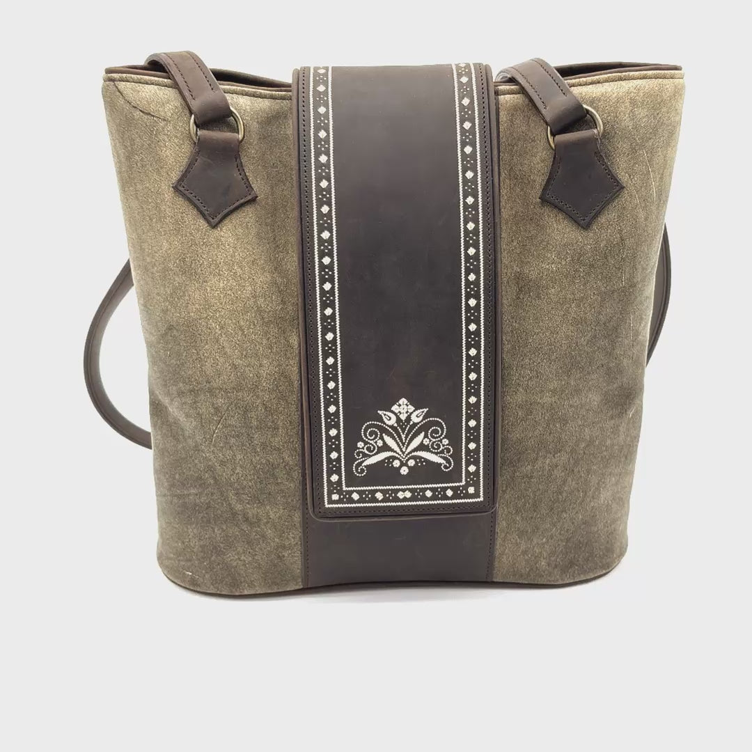 Handgefertigte Handtasche aus Hirschleder mit Federkiel-Blumenmuster